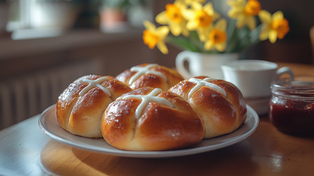Warm morning sunlight highlights a delightful display of hot cross buns, glistening with a light glaze. A cup of tea and a jar of jam complement the scene, framed by blooming daffodils.の素材