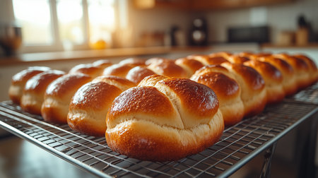 A group of beautifully golden-brown paska loaves rests on a wire rack in a sunlit kitchen. Baking tools and ingredients are visible, suggesting an enjoyable Easter baking activity.の素材