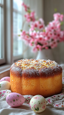 Rich and moist Polish Babka Wielkanocna is dusted with powdered sugar and placed on a traditional cloth. Decorated Easter eggs and vibrant spring flowers create a festive atmosphere.の素材