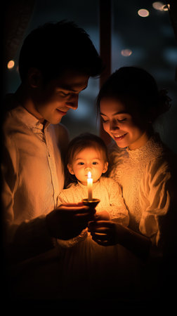 Family members gather in their softly lit home to light the Easter candle. Draped in pastel colors, they share a moment of warmth and joy, embodying hope and renewal.の素材