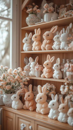 A delightful array of plush bunnies and chocolate rabbits brightens up a wooden shelf, showing a cozy spring vibe with blooming flowers in the backdrop.の素材