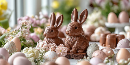 A festive table displays glossy chocolate bunnies alongside vibrant Easter eggs, bathed in soft natural light. Delicate floral decorations enhance the cheerful atmosphere of springtime treats.の素材