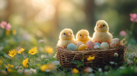 Fluffy yellow chicks peck around a basket filled with pastel Easter eggs. This lively setting in a lush garden captures the joy and renewal of spring under warm sunlight.の素材