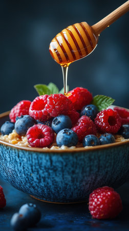 A bowl of warm oatmeal is topped with vibrant red raspberries and blue blueberries, drizzled with honey. Set on a rustic wooden table, it offers a nourishing start to the day.の素材