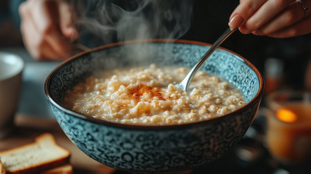 A person stirs a steaming bowl of oatmeal, showing its soft texture. In the warm kitchen, a cup of tea and a slice of toast add to the welcoming atmosphere.の素材