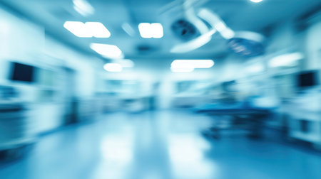 Faint outlines of sophisticated surgical instruments and monitors fill this clean, neutral-toned environment, suggesting a focus on health and innovation within a medical facility.の素材