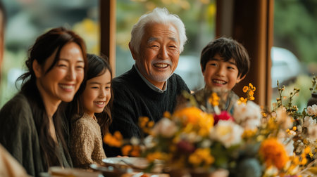 A multigenerational family enjoys a lively meal together, filled with laughter and conversation.の素材