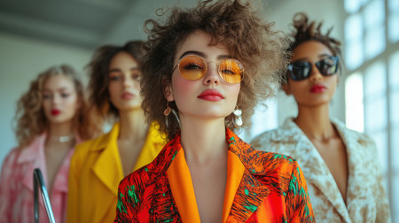 Models of various ethnicities, ages, and abilities display trendy outfits in a bright studio. One uses a cane while another confidently wears plus-size fashion, celebrating inclusivity in style.の素材