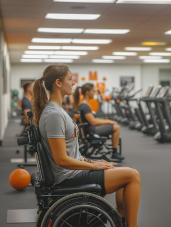 Individuals of various abilities engage in a group workout at an inclusive gym. A person in a wheelchair lifts dumbbells while another stretches with a trainer, showcasing an accessible fitness space.の素材