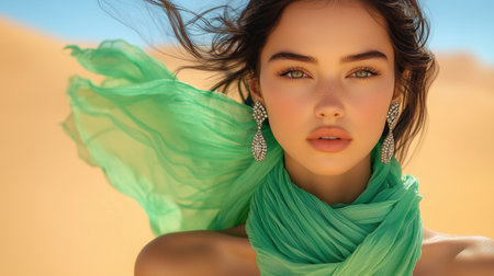 A model elegantly poses in a light green dress, her scarf lifted by the wind against a vast desert backdrop. Diamond earrings enhance her look, evoking a high-fashion vibe.の素材