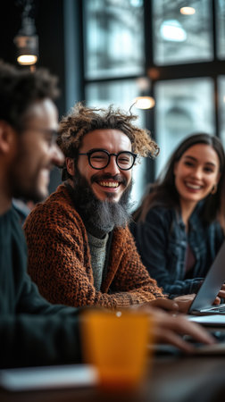 A diverse group of colleagues collaborated in a well-lit office, engaged in discussion and sharing ideas. One team member uses sign language to communicate, showcasing inclusivity.の素材
