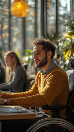 In a bright office, a diverse group of coworkers works together at a shared desk, fostering inclusion and collaboration. People of different ages, ethnicities, and abilities contribute ideas.の素材