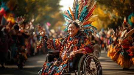 Colorful parade hosts participants from various backgrounds, including individuals with disabilities.の素材