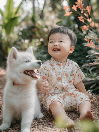 A baby boy in a floral jumpsuit sits beside a playful white dog, both laughing in a lush garden. This delightful moment captures the innocent joy and companionship between them.の素材