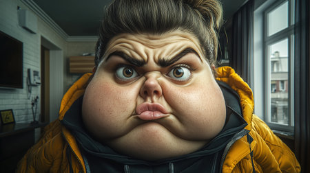 A very plump woman with big cheeks and greasy hair gazes at the camera from inside a modern apartment. The bright colors enhance the lively atmosphere of the room.の素材