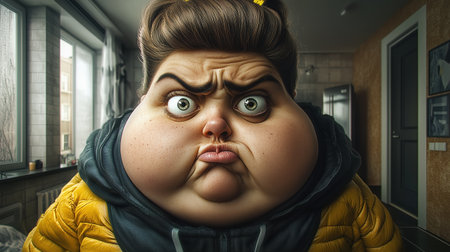 A cheerful 30-year-old woman with big cheeks and greasy hair smiles at the camera while seated in her bright modern apartment, surrounded by contemporary decor and warm lighting.の素材