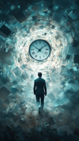 A person stands at the center, engulfed by a whirlwind of scattered tasks like clocks, papers, and sound waves, embodying the struggle for self-awareness and inner peace amidst chaos.の素材