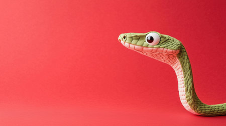 A charming snake with a shiny, green body shows surprise and embarrassment with its open mouth and raised eyebrow, creating a playful atmosphere in a close-up shot.の素材
