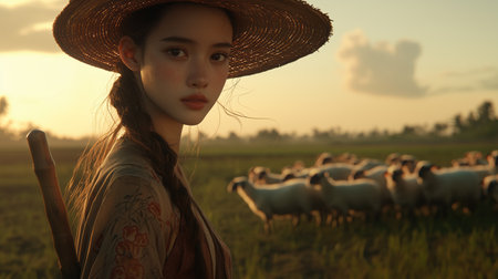 A shepherdess stands in a sunny grassy field, holding a wooden staff, while her flock of sheep grazes around her in the peaceful countryside landscape at dusk.の素材