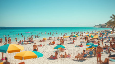 People are having fun at a vibrant beach, sunbathing, playing games, and enjoying the warm weather, surrounded by soft sand and colorful umbrellas by the ocean.の素材