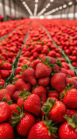 A stunning configuration of 75,000 strawberries captures attention with artistic rows and piles, showcasing vibrant colors in a bright and spacious environment.の素材