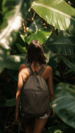 A girl walks through a lush jungle filled with large green leaves, sunlight filters through the canopy, highlighting her adventurous spirit as she explores nature.の素材
