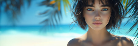 A brunette with a bob hairstyle and piercing gaze stands on a sunny beach wearing a white dress typical of island tribes, with palm trees swaying nearby and the ocean in the background.の素材