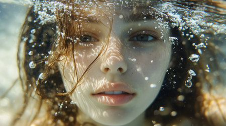 A woman with brown hair and small lips is gracefully submerged underwater, illuminated by natural light while bubbles dance around her face, creating a captivating atmosphere.の素材