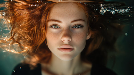 A gorgeous young woman with red hair floats gracefully underwater, her captivating eyes and natural beauty illuminated by ambient light. The scene conveys serenity and elegance.の素材