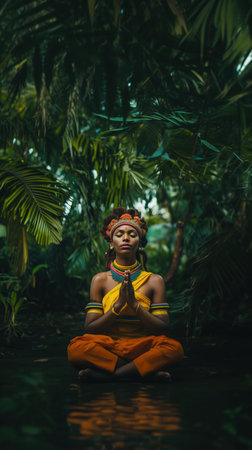A serene woman sits cross-legged in a dense jungle, meditating among rich greenery and exotic plants, fully engaged in her adventure with nature.の素材