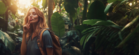 A woman stands in a lush jungle, finger on her lips as if sharing a secret. Her backpack rests behind her, and sunlight gently filters through dense leaves, creating a serene atmosphere.の素材