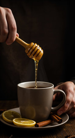 Warm golden honey gently drips from a wooden dipper into a comforting hot drink, held by hands, with vibrant lemon slices and fragrant cinnamon resting on a saucer against a dark, inviting background.の素材