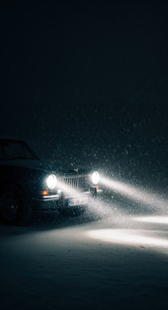 A classic vehicle with glowing headlamps stands on a snow-covered road during a blizzard, casting intense light onto the falling flakes and icy terrain.の素材