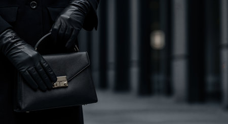 A sophisticated close-up view highlights hands adorned with sleek black leather gloves, carefully holding a chic black purse featuring a shiny metallic closure.の素材