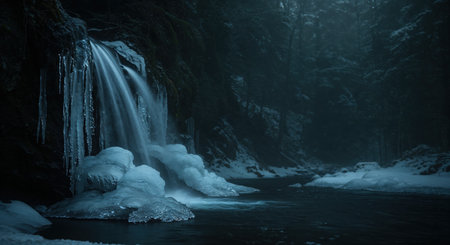 A serene winter wilderness showcases a dramatic waterfall with icy formations and a tranquil river winding through a snow-laden conifer forest under dim, atmospheric lighting.の素材