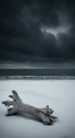 An expansive coastal view features a prominent, gnarled log lying on a wide, muted shoreline, bordered by a dark, choppy sea beneath an ominous, overcast atmosphere.の素材