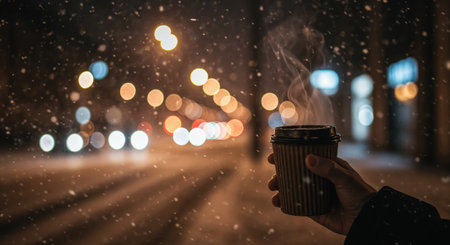 Steam rises from a hot coffee cup held by a human hand, contrasting with the cold winter night and soft-focus urban streetlights during a snowfall.の素材