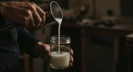 Close-up view of hands meticulously pouring creamy white wax into a clear glass vessel with a botanical element, creating an artisanal scented candle in a dimly lit studio.の素材
