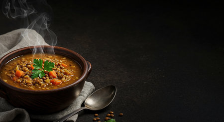 This inviting overhead view showcases a hot bowl of nutritious brown lentil stew with vibrant vegetables and herbs, positioned with a spoon against a dark background offering copy space.の素材