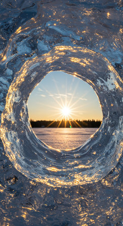 A captivating abstract composition features a vibrant sunset or sunrise over a frozen lake and forest, framed by a luminous, crystalline structure.の素材