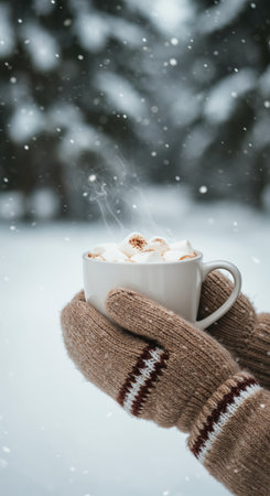 Cozy brown knitted mittens with red and white stripes hold a hot beverage topped with sweet marshmallows and cocoa, creating warmth during a gentle snowfall outdoors.の素材