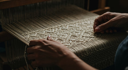 Close-up view of skilled hands crafting a patterned textile on a vintage weaving machine, highlighting the delicate process of interlacing beige yarn to form an artisanal cloth.の素材