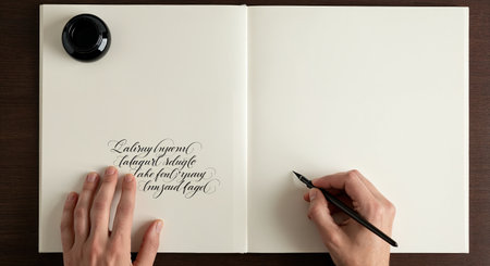 A top-down perspective reveals a blank page next to a page with elaborate script, as one hand holds a pen and the other rests on the paper, emphasizing artistic writing.の素材