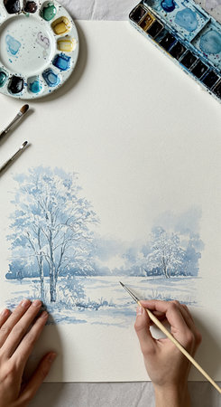 From above, an artist's hands create a beautiful monochromatic winter landscape painting on paper using various blue watercolors from a palette and fine brushes.の素材