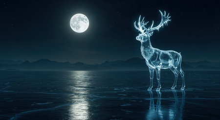 An ethereal crystalline deer with glowing antlers stands majestically on a vast frozen lake at night, illuminated by a brilliant full moon and reflecting on the icy expanse.の素材