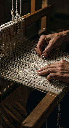 Close-up of human hands carefully crafting a light-colored woven fabric on a vintage loom, showing the intricate process of textile production with focused dedication.の素材