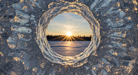 A bright, radiant sun illuminates a tranquil frozen landscape and distant trees, viewed through a clear, reflective portal of intricate, shimmering ice.の素材