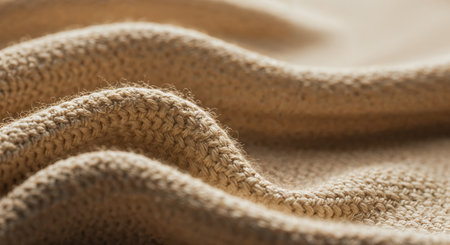 A close-up perspective showcases the detailed interwoven pattern of a warm, light brown textile, forming organic folds and creating a comforting visual texture.の素材