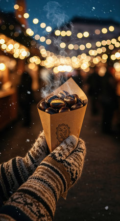 A close-up view captures a person's hands, wearing cozy knitted mittens, cradling a cone of hot, steaming roasted chestnuts amidst the soft glow of a bustling holiday market on a cold snowy night.の素材
