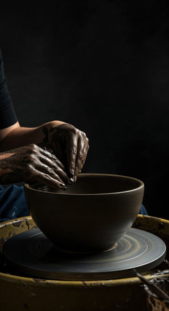 Close-up view of a potter's hands working with wet clay to create a vessel on a yellow pottery machine, highlighted by focused illumination.の素材